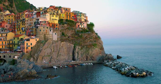  Manarola village, Cinque Terre park Italy during a summer day, vacation Italy colorful coast Manarola Cinque Terre Italy. . High quality 4k footage