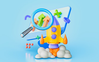 desktop monitor business chart up arrow with magnify glass rocket 3d illustration profit growth 