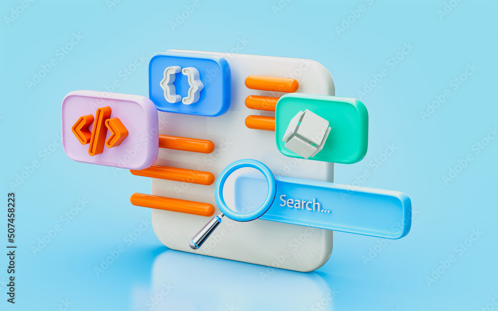 Poster coding sign with magnify glass 3d illustration business website development create search tacnic