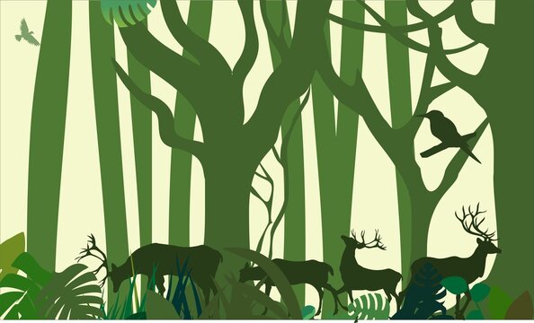 Deers and wildlife green plants silhouettes vector template