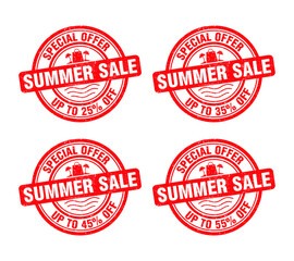 Summer sale red grunge stamp set. Special offer up to 25, 35, 45, 55 percent off