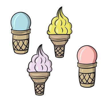 A set of colored pictures. Delicious Sweet cold dessert, fruit ice cream in a waffle cup, cartoon vector