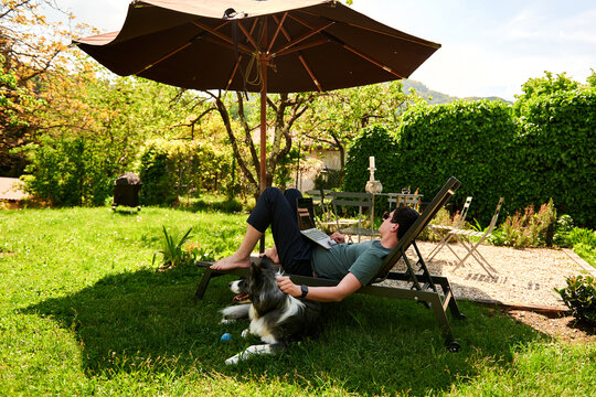 A Man Behind A Laptop In The Garden In The Summer On A Lounger. A Border Collie Dog Is Running Around. Work From Home. Life Style. Summer