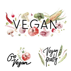 Vegan logo and lettering. Perfect for vegan or seasonal menu, vegan party, vegan day cards. - 507459838