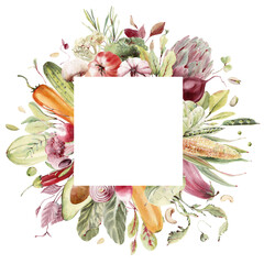 Watercolor vegetables frames. Perfect for vegan or seasonal menu, vegan party, vegan day cards. - 507459840
