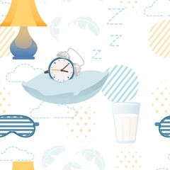 Seamless pattern Items for sleeping pillows mask and night lamp vector illustration on white background