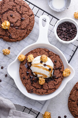 Giant chocolate skillet cookies with ice cream