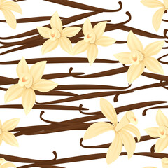 Seamless pattern of vanilla sticks with flowers vector illustration on white background