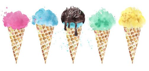 Ice cream clipart. Summer set of illustrations. Bright design for posters, postcards, prints.