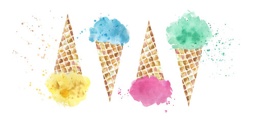 Summer sweet print colorful ice cream. Watercolor illustration.