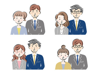 驚くスーツ姿の男女ペア　びっくりする