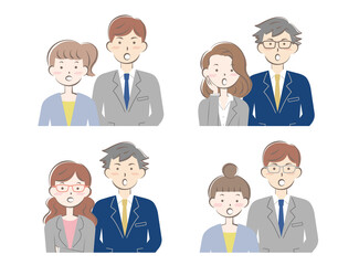 驚くスーツ姿の男女ペア　びっくりする