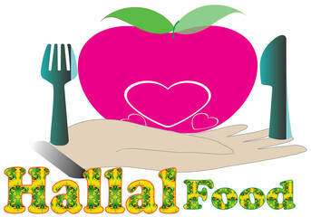 Red apple menu over hand. Health Vector Logo. Halal food. commercials logo