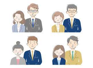 悩むスーツ姿の男女ペア　困る　不安