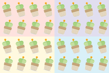 Cactus or Succulent plants collection with flower blooming in potted minimal style, Object on pattern background, Desert ornamental planting for home decoration and Hobbies, Set of cute shaped cactus.