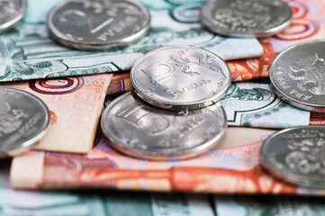 Money. Russian roubles coins and bills