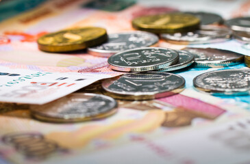 Money. Russian roubles coins and bills