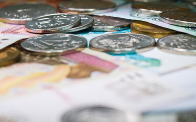 Money. Russian roubles coins and bills