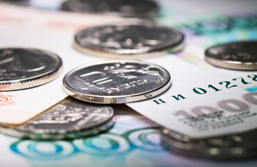 Money. Russian roubles coins and bills