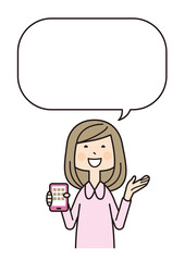 女性　スマホ　吹き出し　説明　アウトライン