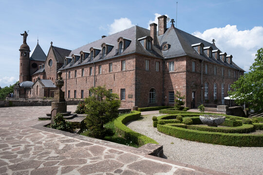 MONT SAINTE-ODILE, FRANCE - MAY 20 2022: Monastery Mont Sainte-Odile Abbey in Alsace, France in the Vosges Mountains. Sanctuary of Mont Sainte Odile near Obernai