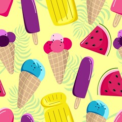 Seamless summer pattern with watermelon ice cream on a yellow background Vector illustration in a flat style
