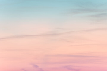 sunset background. sky with soft and blur pastel colored clouds.  gradient cloud on the beach resort. nature. sunrise.  peaceful morning. Instagram toned style
