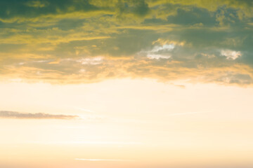 sunset background. sky with soft and blur pastel colored clouds.  gradient cloud on the beach resort. nature. sunrise.  peaceful morning. Instagram toned style