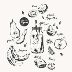 Hand drawn ink sketch of smoothie drink glass and recipe ingredients