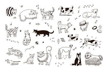 Cats and dogs, funny pets vector line illustrations set
