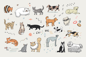 Cats and dogs, funny pets vector color illustrations set