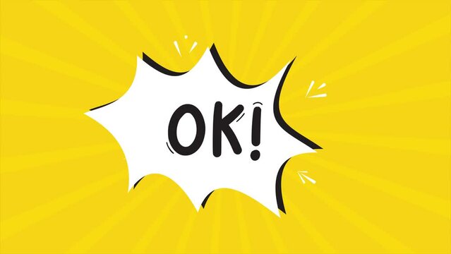 A comic strip cartoon animation, with the word Ok appearing. Yellow and halftone background, star shape effect
