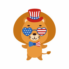 Cute little lion in USA patriotic hat and glasses. Cartoon animal character for kids t-shirt, decoration, baby shower, greeting card, invitation, house interior. Vector stock illustration
