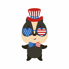Cute little badger in USA patriotic hat and glasses. Cartoon animal character for kids t-shirt, decoration, baby shower, greeting card, invitation, house interior. Vector stock illustration