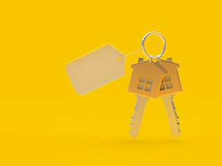 Set of golden house keys with empty tag on yellow. 3d illustration