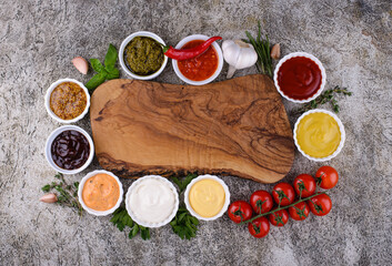 Set of different sauces. Ketchup, mustard and mayonnaise