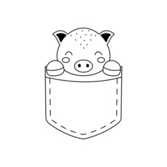 Cute pig sitting in pocket. Animal face in Scandinavian style for kids t-shirts, wear, nursery decoration, greeting cards, invitations, poster, house interior. Vector stock illustration