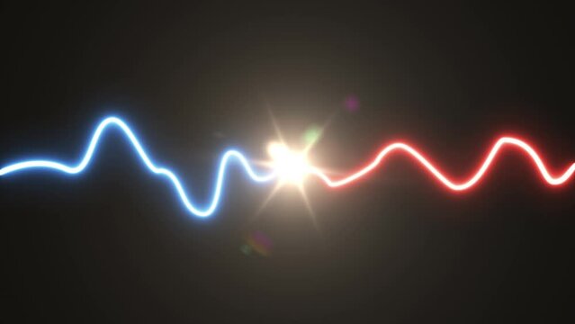 Electric discharge collision. Blue and red impulse shock energy explosion. Flash lightning effect isolated on black background. 3d animation. Sci fi future or fantasy thunderbolt element.