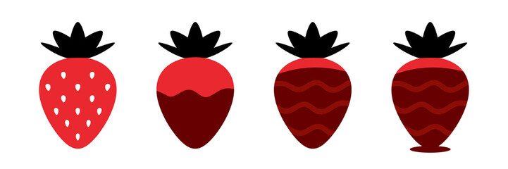 Set, collection of strawberries covered in chocolate. Chocolate strawberries icons.
