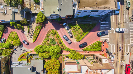 Above view of winding brick road at Lombard Street in San Francisco