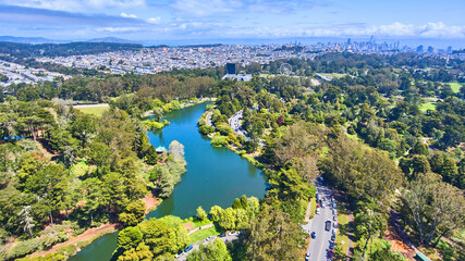 Aerial over San Francisco Golden Gate Park by city
