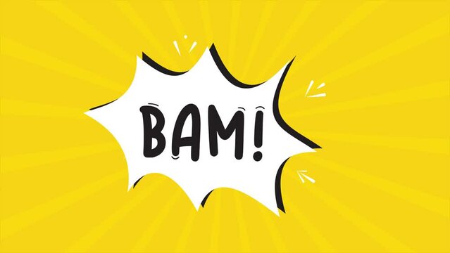 A comic strip cartoon animation, with the word Bam appearing. Yellow and halftone background, star shape effect
