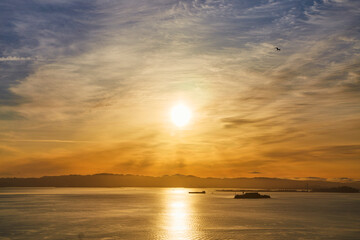 Fototapeta na wymiar Alcatraz prison island in San Francisco Bay at sunrise