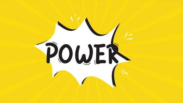 A comic strip cartoon animation, with the word Power appearing. Yellow and halftone background, star shape effect