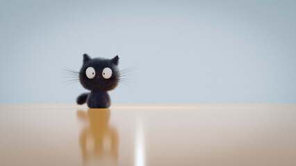 A black kitten with big eyes sits on a chewy glossy floor. Reflection on the floor. Empty Prostara