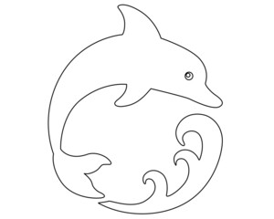 Dolphin jumping over a wave - vector line art picture for coloring with editable outline. Outline. Dolphin - marine mammal editable line.