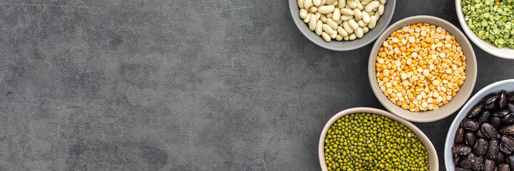 Banner of different types of legumes in bowls, yellow and green peas and lentils, colored beans and maash, top view, copy space
