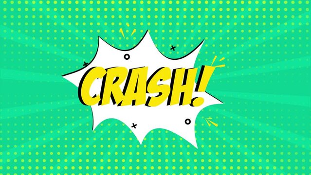 A comic strip cartoon animation, with the word Crash appearing. Green and halftone background, star shape effect