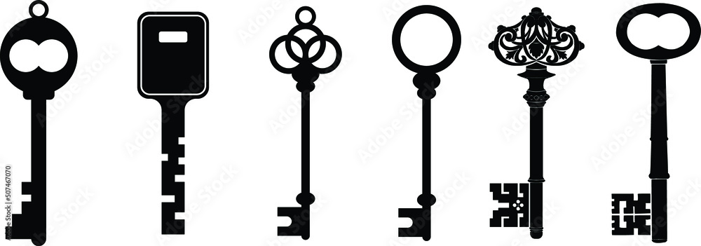 Wall mural set of black silhouettes of door keys. key icon set. vintage key antique door key isolated on white 