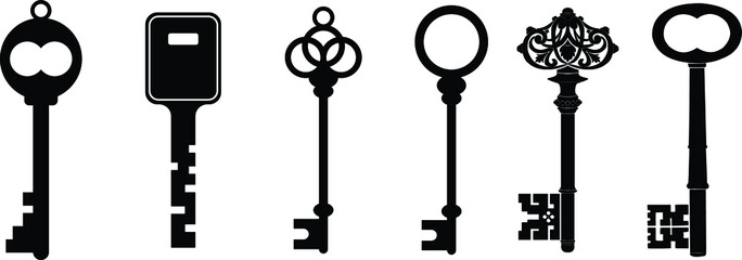 Set of black silhouettes of door keys. Key icon set. Vintage key antique door key isolated on white background. Keys and padlock silhouette. Vector illustration.